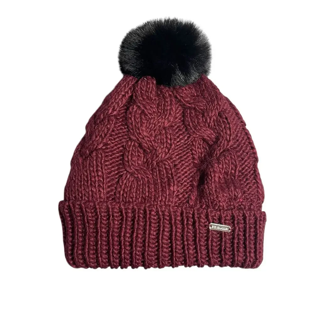 Steve Madden Women's Red Black Cable Knit Cuffed Winter Pom Pom Beanie Hat OS